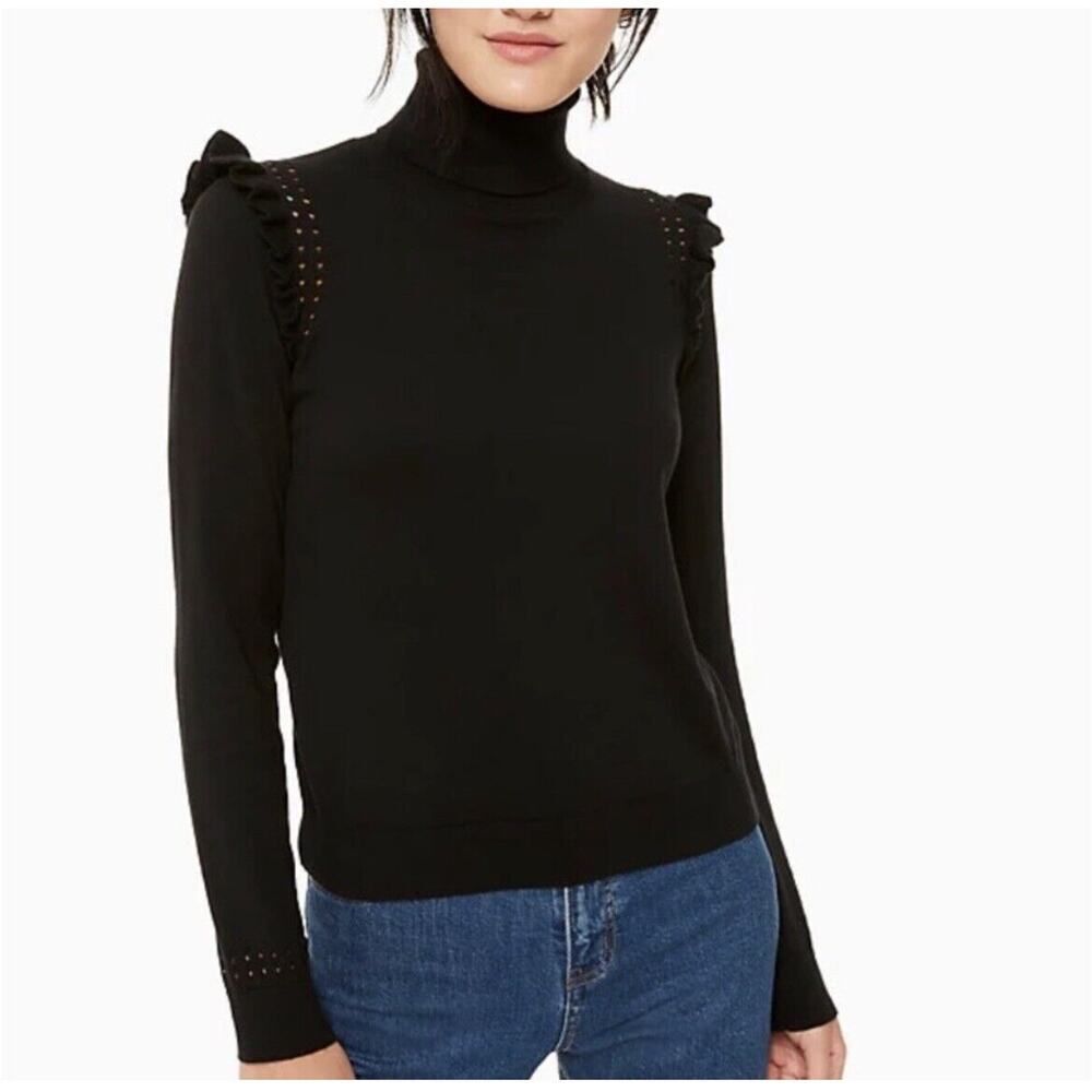 $198 KATE SPADE New York Ruffle Trim Black Cotton Cashmere Turtleneck Sweater M